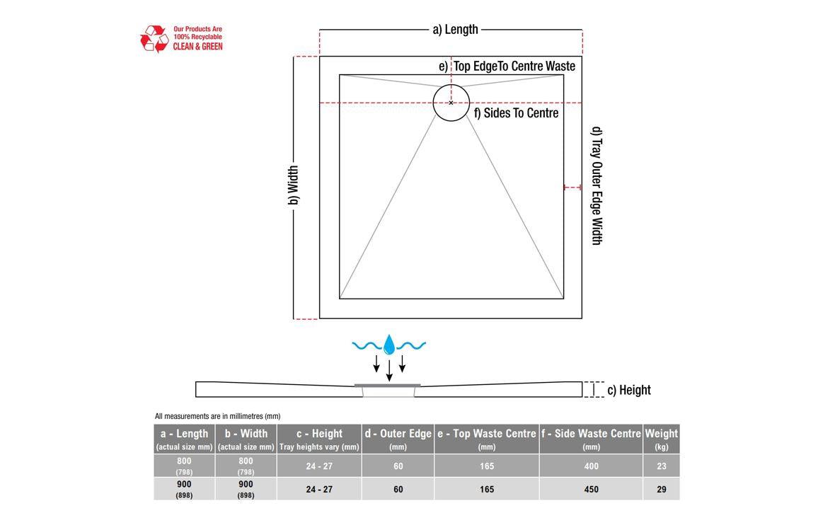 900 x 900 Anti-Slip Ultra Slimline Shower Tray & Waste